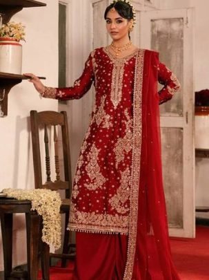Maroon Roman Silk Fabric Sequence Work Plazoo Suit 