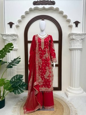 Maroon Roman Silk Fabric Sequence Work Plazoo Suit