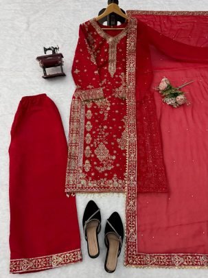 Maroon Roman Silk Fabric Sequence Work Plazoo Suit