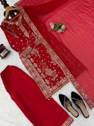 Maroon Roman Silk Fabric Sequence Work Plazoo Suit