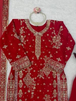 Maroon Roman Silk Fabric Sequence Work Plazoo Suit