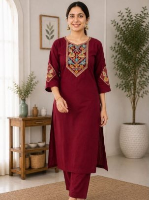 Maroon Slub Cotton Simple Kurti Pant Set