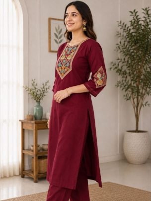 Maroon Slub Cotton Simple Kurti Pant Set