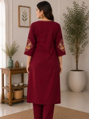 Maroon Slub Cotton Simple Kurti Pant Set