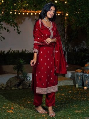 Maroon Vichitra Silk Embroidered Kurta Pant Set with Dupatta