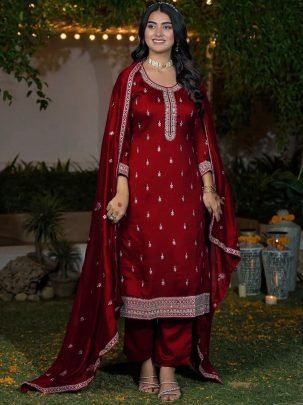 Maroon Vichitra Silk Embroidered Kurta Pant Set with Dupatta