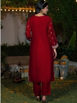 Maroon Vichitra Silk Embroidered Kurta Pant Set with Dupatta
