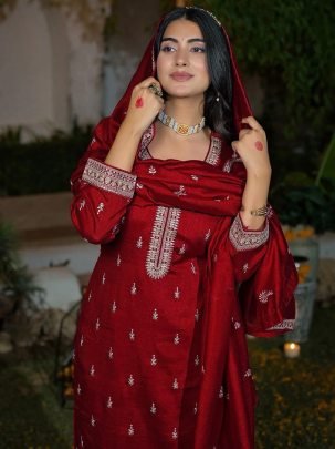 Maroon Vichitra Silk Embroidered Kurta Pant Set with Dupatta