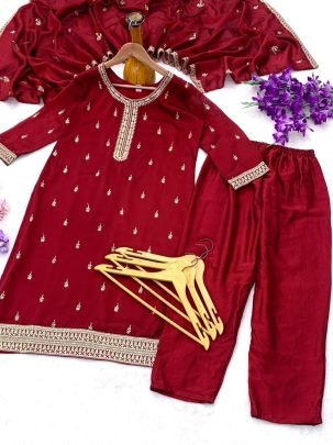 Maroon Vichitra Silk Embroidered Kurta Pant Set with Dupatta