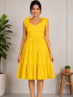 Maska Cotton  Fabric Yellow Colour Maxi Dress