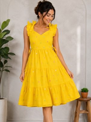 Maska Cotton  Fabric Yellow Colour Maxi Dress