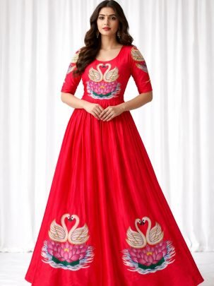 Maslin Fabric Red Colour  Fancy Gown