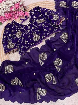 Mataka Hand Work Purple Colour  Saree