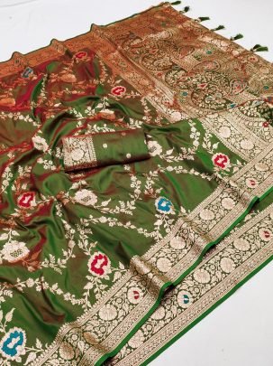 Mehendi Green Paithani Silk Saree With Matching Flower Design Pallu