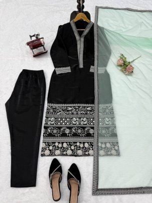 Midnight Grace Glass Fabric Embroidered Kurta Set