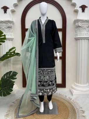 Midnight Grace Glass Fabric Embroidered Kurta Set