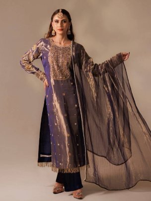 Royal Roman Shimmer Embroidered Kurta Pant with Twill Net Silk Dupatta