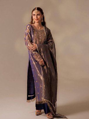 Royal Roman Shimmer Embroidered Kurta Pant with Twill Net Silk Dupatta
