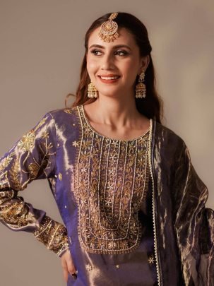 Royal Roman Shimmer Embroidered Kurta Pant with Twill Net Silk Dupatta