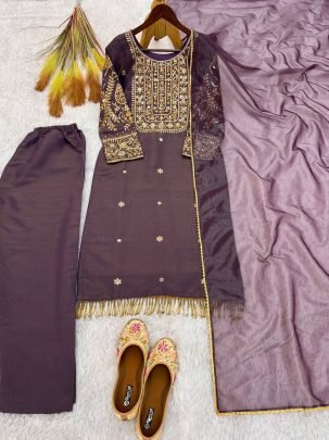 Royal Roman Shimmer Embroidered Kurta Pant with Twill Net Silk Dupatta