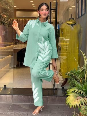 Mint Green Cotton Slub Embroidered Summer Co-Ord Set