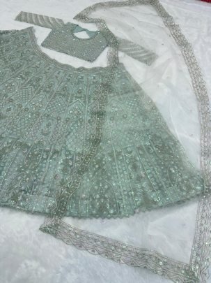 Mint Green Premium Net Sequins Dori Work Lehenga Choli Set With Dupatta