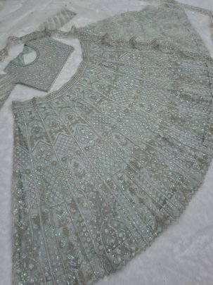 Mint Green Premium Net Sequins Dori Work Lehenga Choli Set With Dupatta