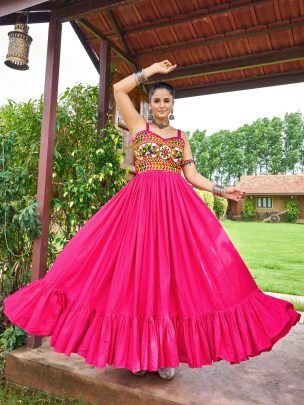 Mirror Work Pink Colour Navratri Gown