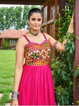 Mirror Work Pink Colour Navratri Gown