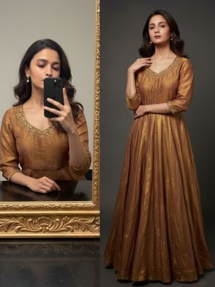 Moti Beads  Work  Golden  Colour Gown