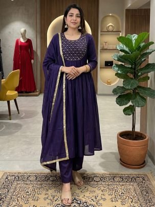 Mul Chanderi Fabric Purple Colour Ready Made Suit