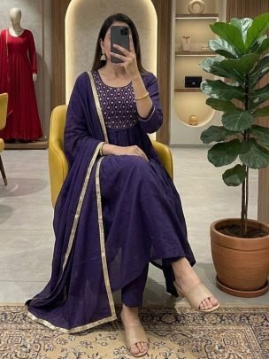 Mul Chanderi Fabric Purple Colour Ready Made Suit