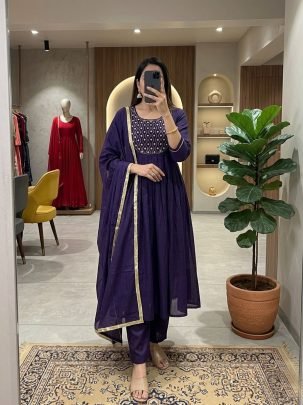 Mul Chanderi Fabric Purple Colour Ready Made Suit