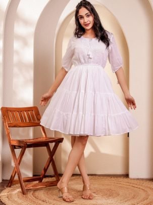 Mul Cotton Fabric White Colour One Pices Dress