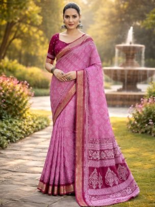 Mul Mul Cotton  Fabric  Dark Pink Saree