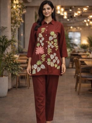 Multi Thread Work Brown Colour Co Ord Set