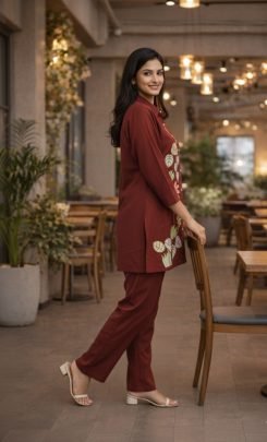 Multi Thread Work Brown Colour Co Ord Set