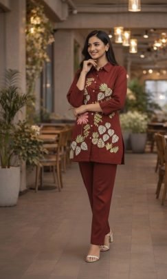Multi Thread Work Brown Colour Co Ord Set