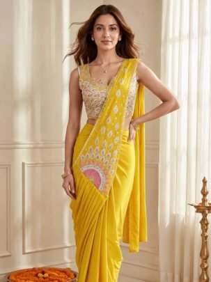 Multi Thread Work Yellow  Colour Ready To Wear Saree