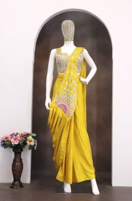 Multi Thread Work Yellow  Colour Ready To Wear Saree