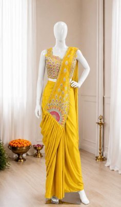 Multi Thread Work Yellow  Colour Ready To Wear Saree