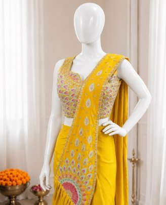 Multi Thread Work Yellow  Colour Ready To Wear Saree