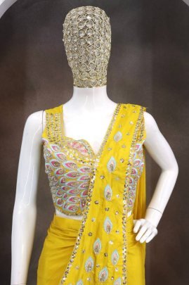 Multi Thread Work Yellow  Colour Ready To Wear Saree