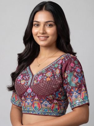 Multicolor Embroidery Wine  Colour Ready Made Blouse