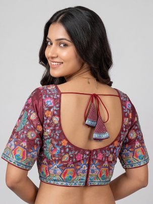 Multicolor Embroidery Wine  Colour Ready Made Blouse