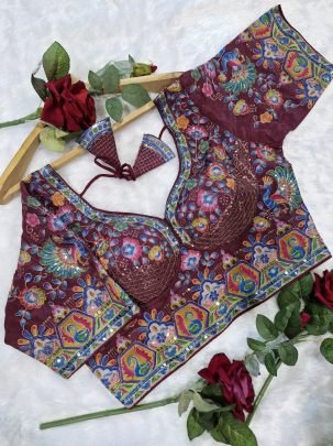 Multicolor Embroidery Wine  Colour Ready Made Blouse