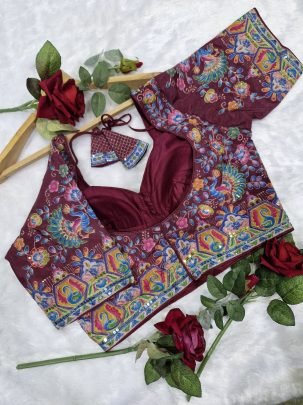 Multicolor Embroidery Wine  Colour Ready Made Blouse