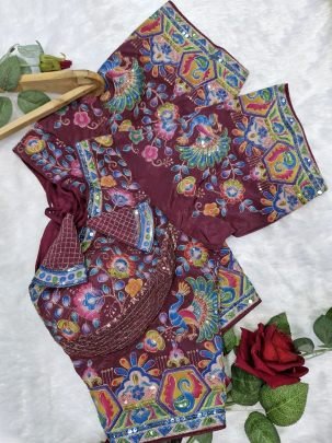 Multicolor Embroidery Wine  Colour Ready Made Blouse