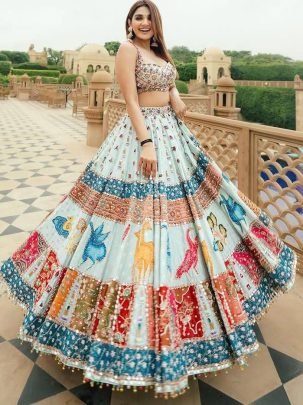 Muslin Cotton Digital Print Sky Blue Navratri Lehenga