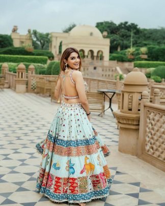 Muslin Cotton Digital Print Sky Blue Navratri Lehenga